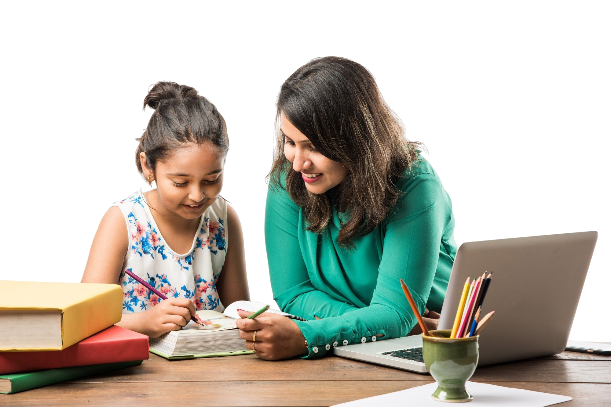 indian-girl-studying-with-mother-teacher-study-table-with-laptop-computer-books-having-fun-learning