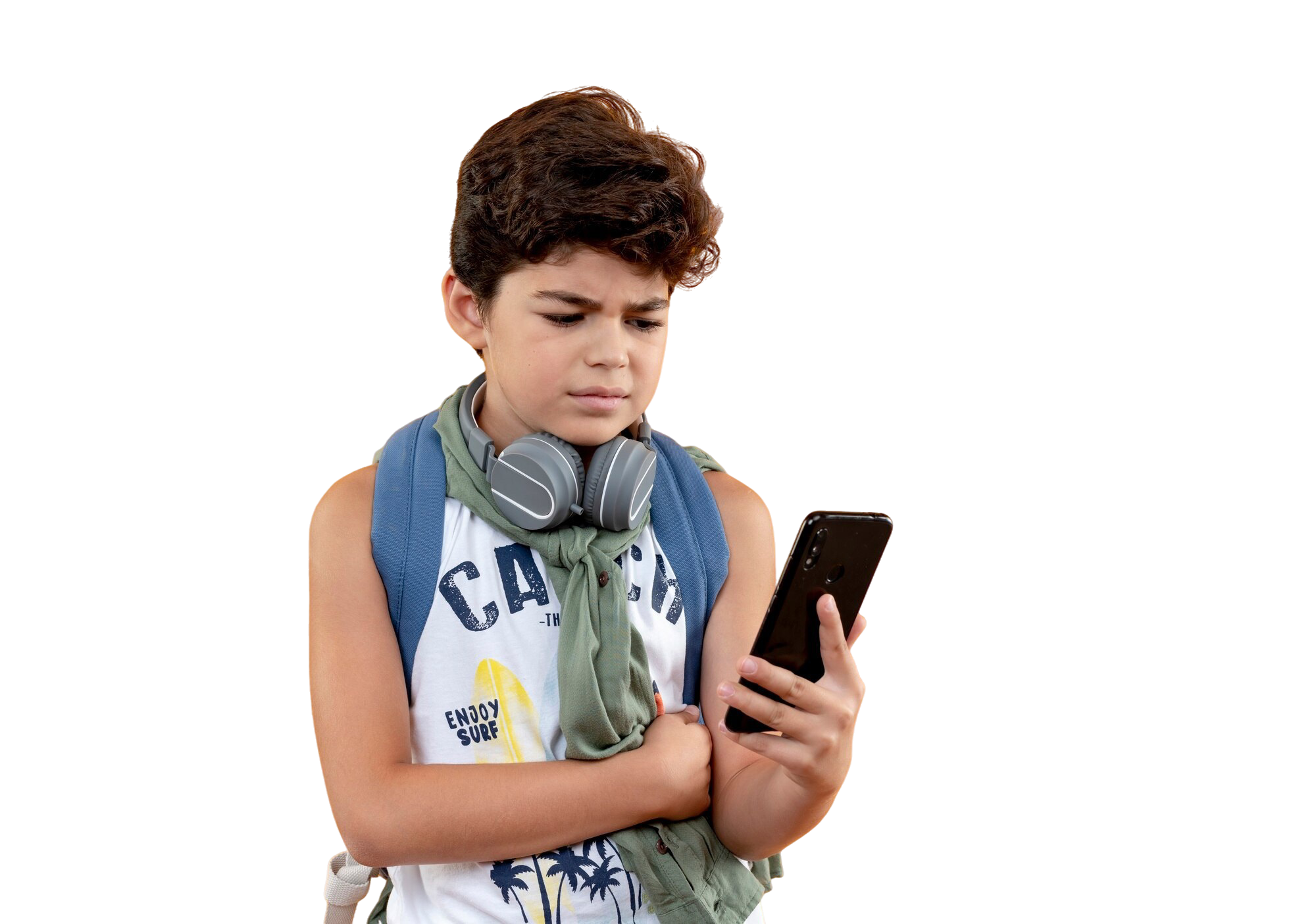 thinking-little-school-boy-wearing-back-bag-headphones-holding-looking-phone-isolated-yellow-wall